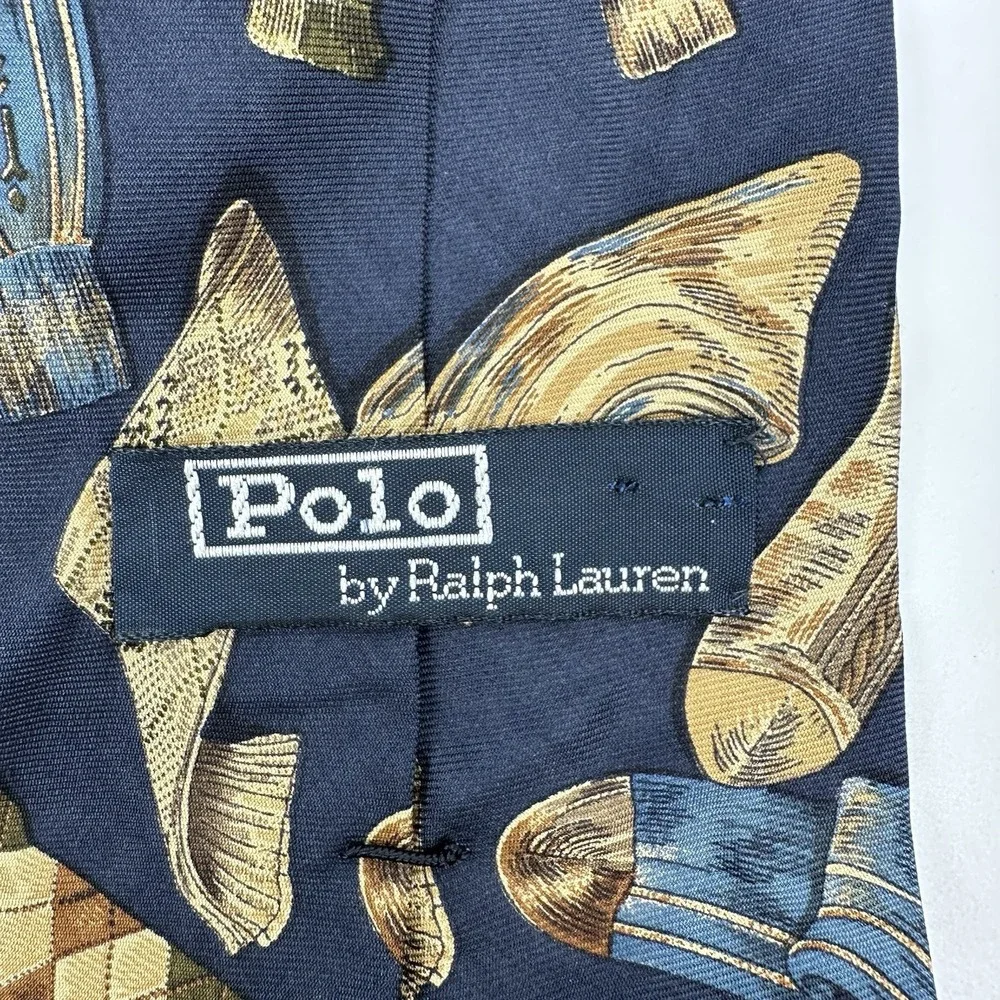 VTG Polo by Ralph Lauren Silk Tie Navy Gold Novelty Sock Print Hand Made In USA